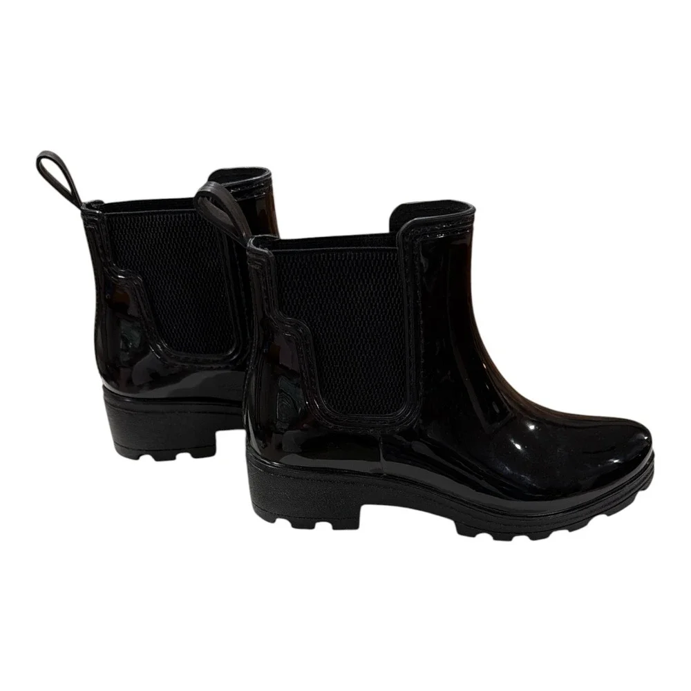 London Fog Black Glossy Chelsea Rain Boots Womens Size 7 Waterproof Ankle Boot
